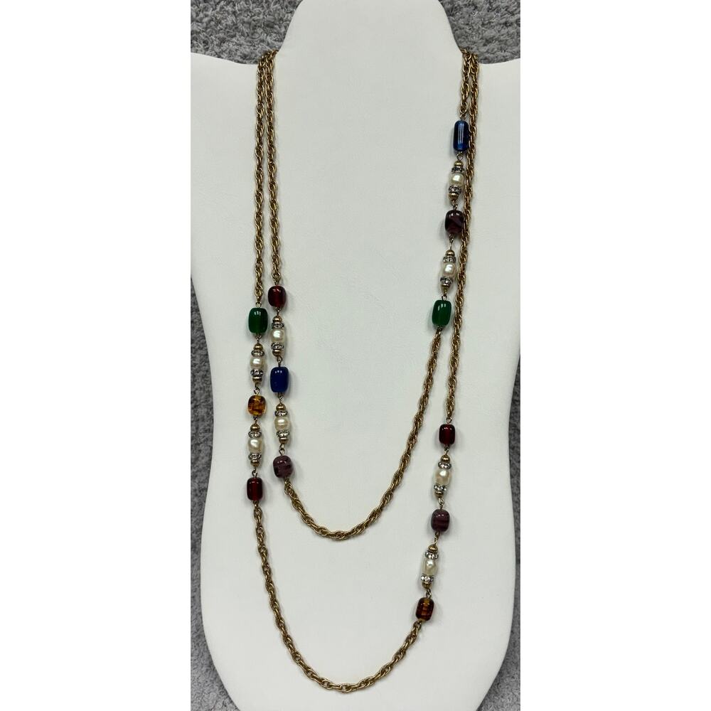 Givenchy Gold Tone Multicolor Bead & Faux Pearl Opera Length Necklace #71648